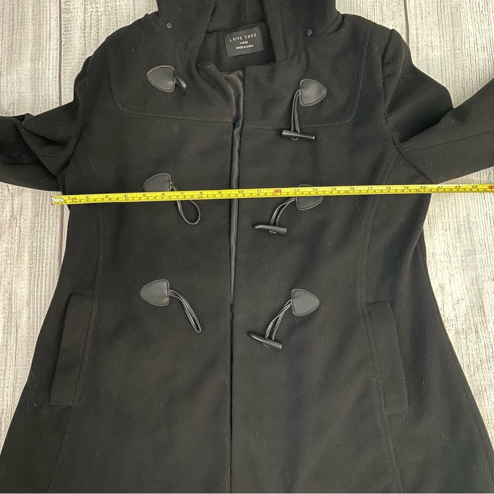 LOVE TREE Women’s Black Winter Wool Pea Coat With Hood & Toggles Size Large - Picture 6 of 9